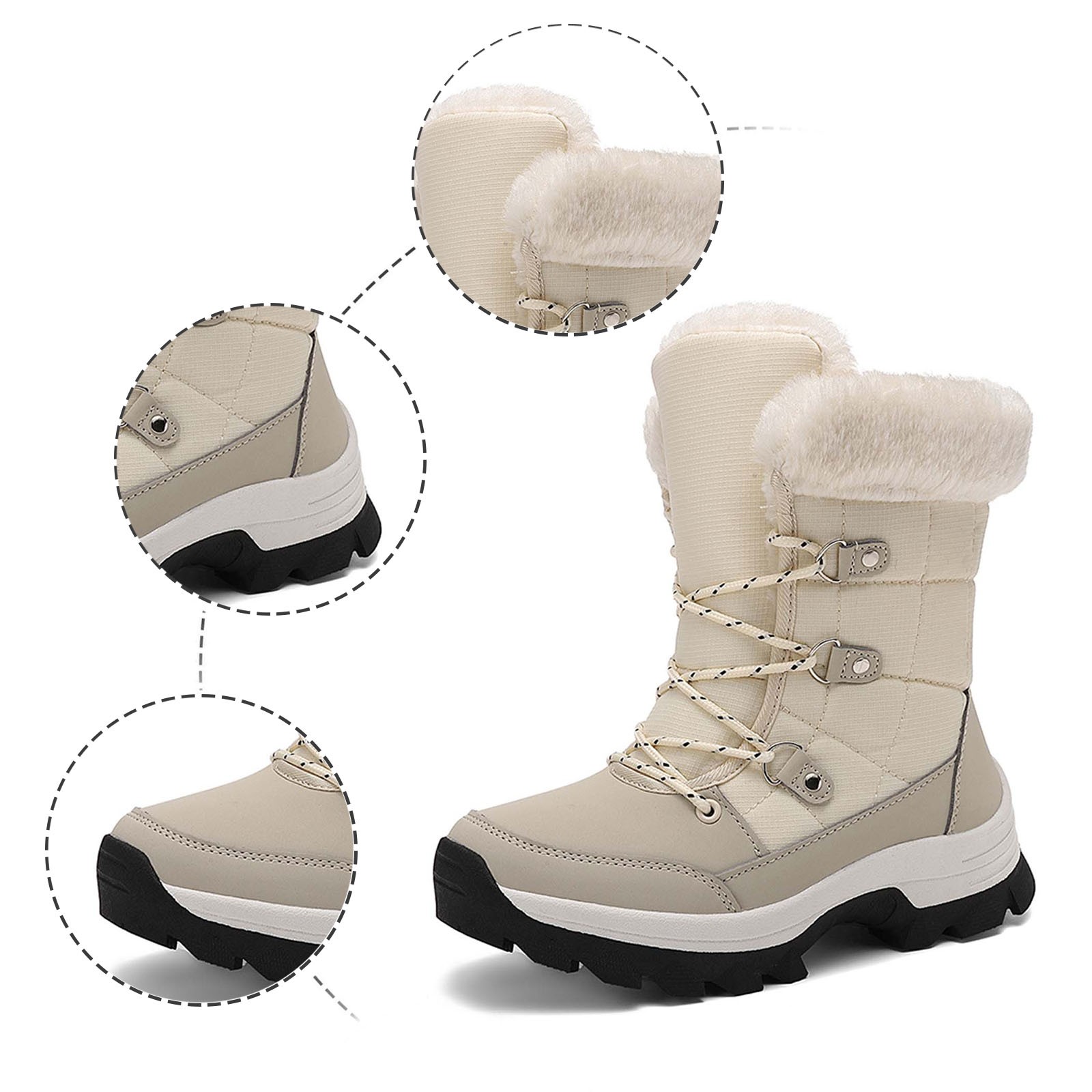 Gyexs Womens Winter Snow Boots Waterproof Shoes Walking Comfortable Hiking Tennis Booties Furry Mid Calf Warm Lightweight Sports Shoes, Beige, Size 6.5
