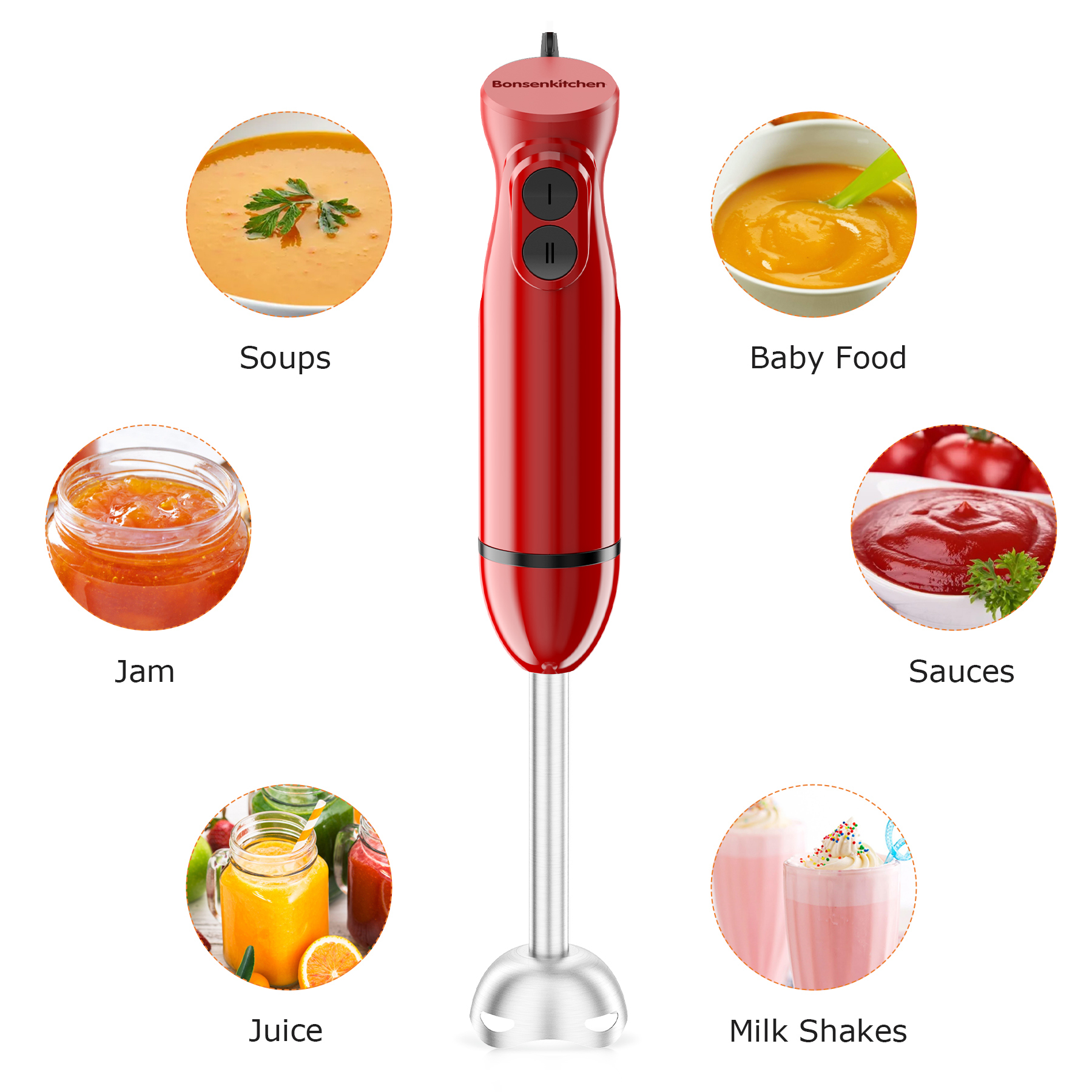 Bonsenkitchen Handheld Immersion Blender, Red photo 8
