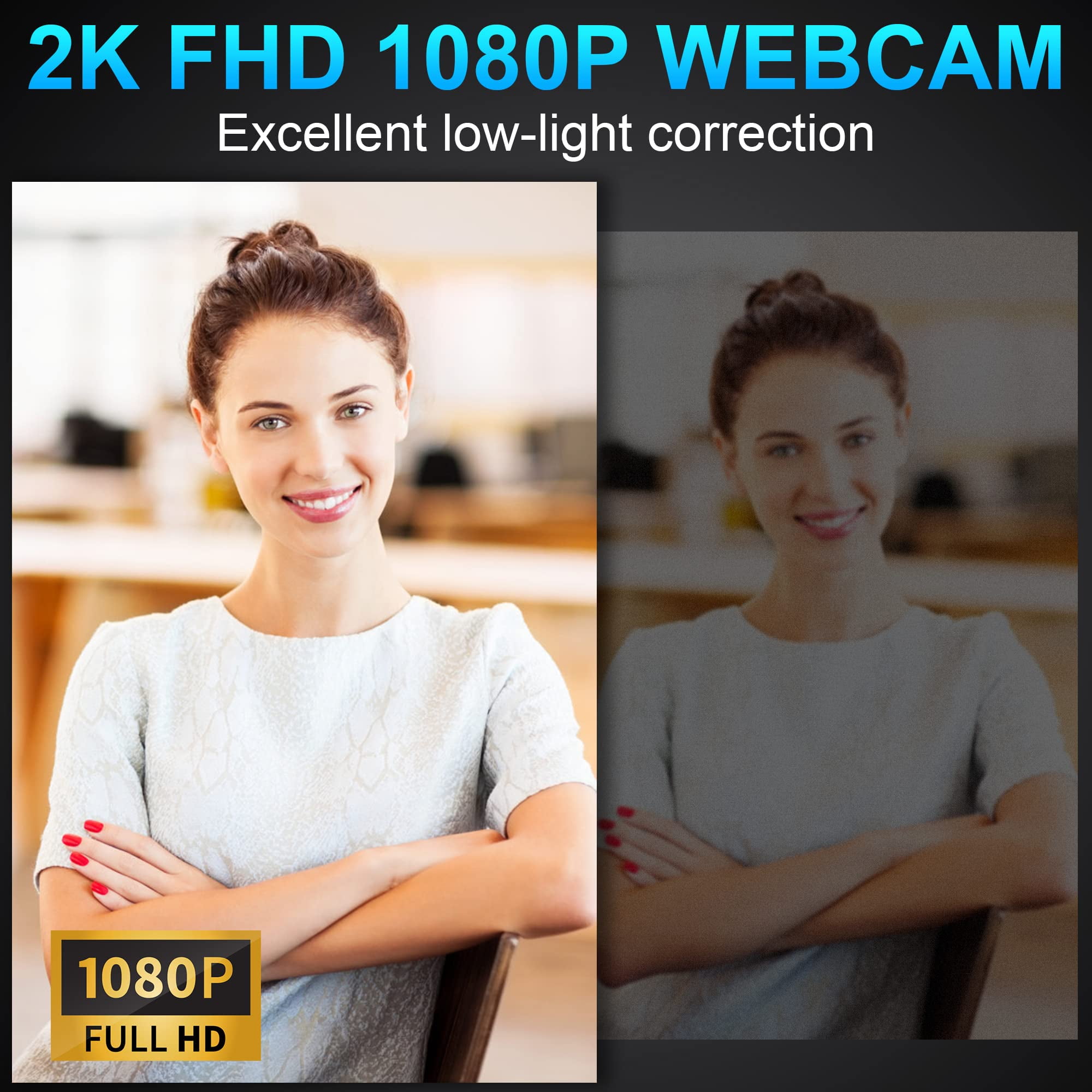 ROCWARE  Auto-Focus Webcam with Microphone Speaker RC08 2K Web Cam, Computer Camera for PC with Noise Reduction Mic/Harman Speaker/4X Eptz/Privacy Cover/0.2S Auto-Focus/Low Illumination for Zoom/Teams