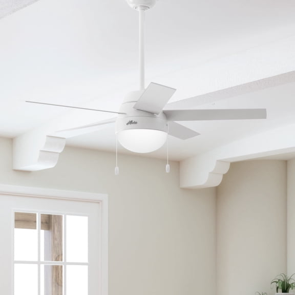 Hunter 46 inch Indoor Ceiling Fan with LED Light - White Ceiling Fan with Pull Chain, For Bedroom, Living Room, or Kitchen, Standard Mount, No Remote, 5 Blades - Anslee 59266, Fresh White