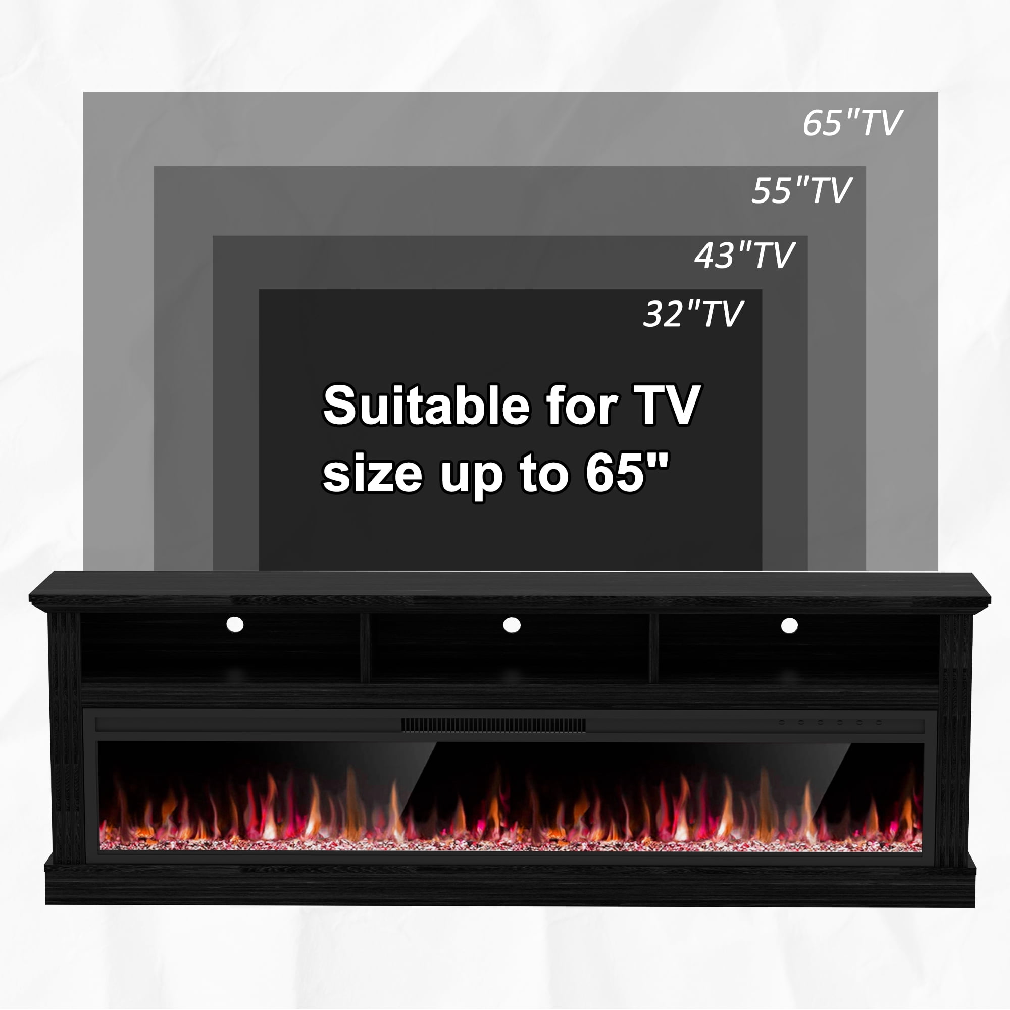 HARIPUL 58" Fireplace TV Stand for TVs Up to 65" with 52" Electric Fireplace,White Entertainment Center with Storage Cabinets,Led Light TV Consoles for Living Room,Black/Crystal Fireplace