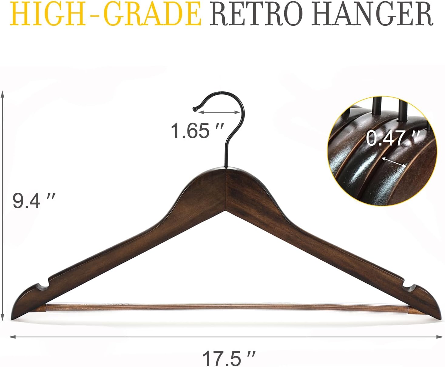 Heavy Duty Wood Coat Hangers in Smooth Retro Finish, Boutique Quality Wooden Suit Hangers with Thicker Non-Slip Rubber Pants Bar and Smoothly Cut Notches-360 °   Black Hook-18 Pack