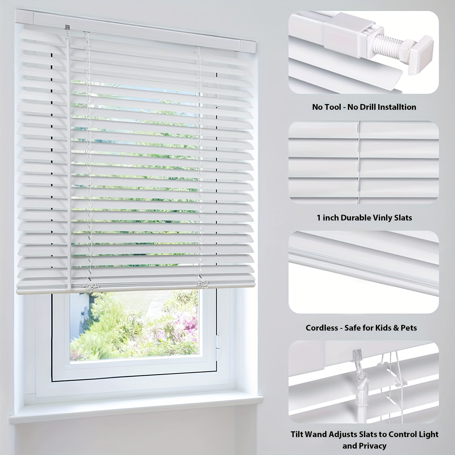 1pc Adjustable Cordless Vinyl Mini Blinds For Windows, Classic Style, Light Filtering Shades, No Tools-No Drill Installation (20-48 Inch Widths, 36 To 72 Inch Heights)