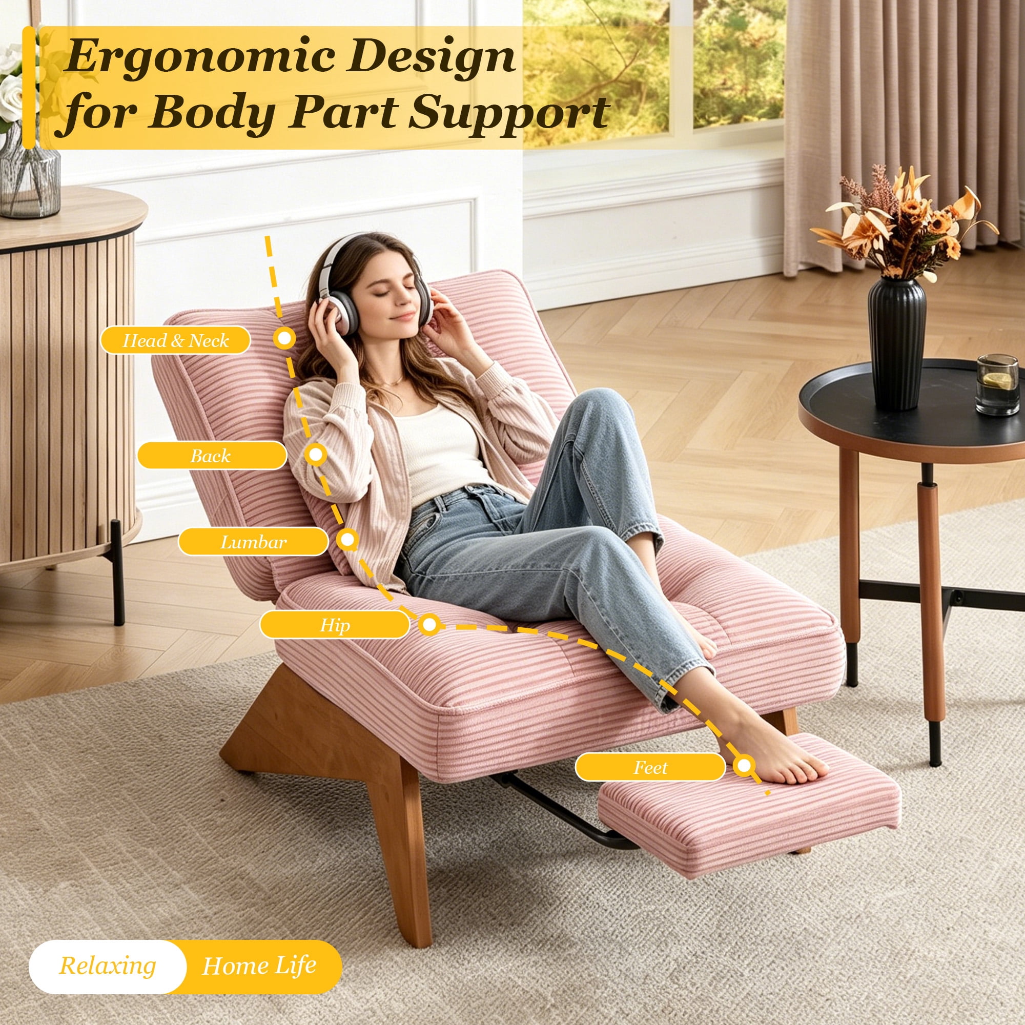 MOONMISS Modern Adjustable Lounge Chair with Footrest,Wooden Base Upholstered Recliner for Reading Rest Corduroy