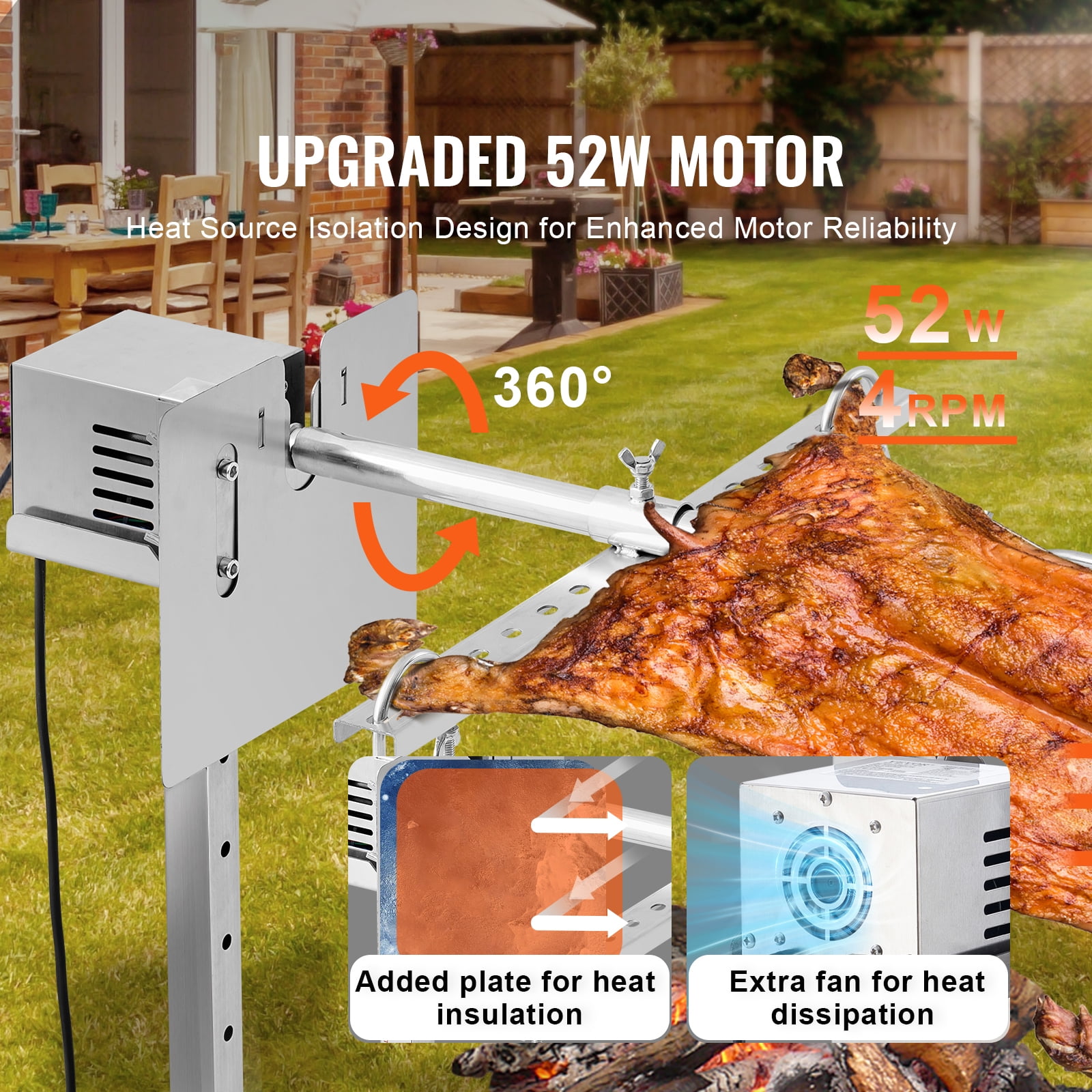 KFFKFF Electric Rotisserie BBQ Kit, 56" with 132 lbs Load, 52W Auto Motor, Adjustable Height, Universal Fit Stand, Stainless Steel, Includes Spit Rod & Heat Guard for Pork & Lamb