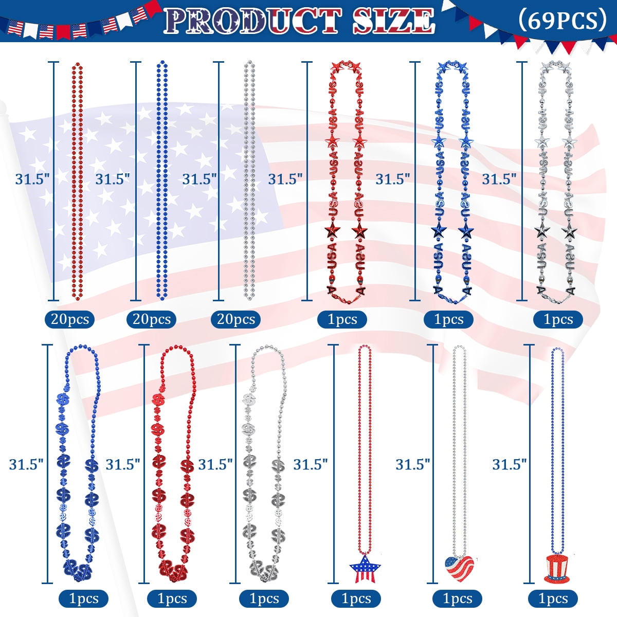 Fourth of July Decoration Patriotic Mardi Gras Beads USA Party Accessories Red White Blue Beaded Necklaces Independence Day Metallic Necklaces 69Pcs Set 1