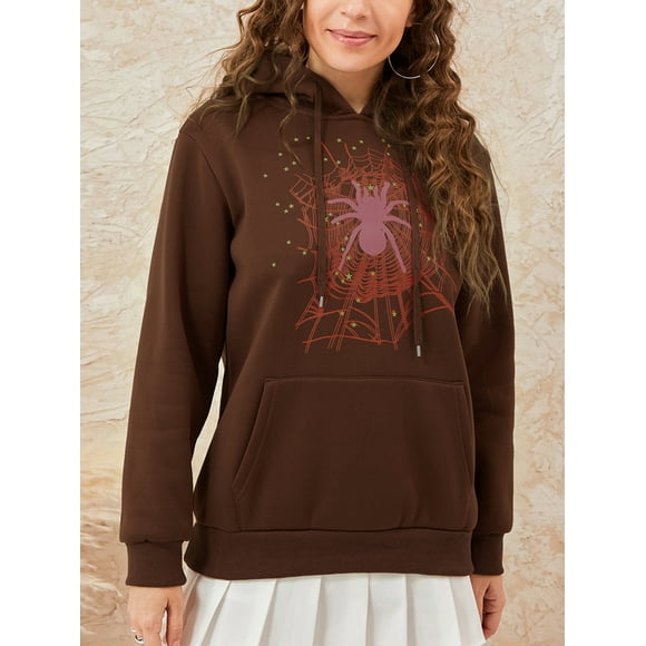 AIGUR Women Halloween Hoodie, Long Sleeve Hooded Cobweb Spider Print Sweatshirt Pullover Fall Tops with Pocket