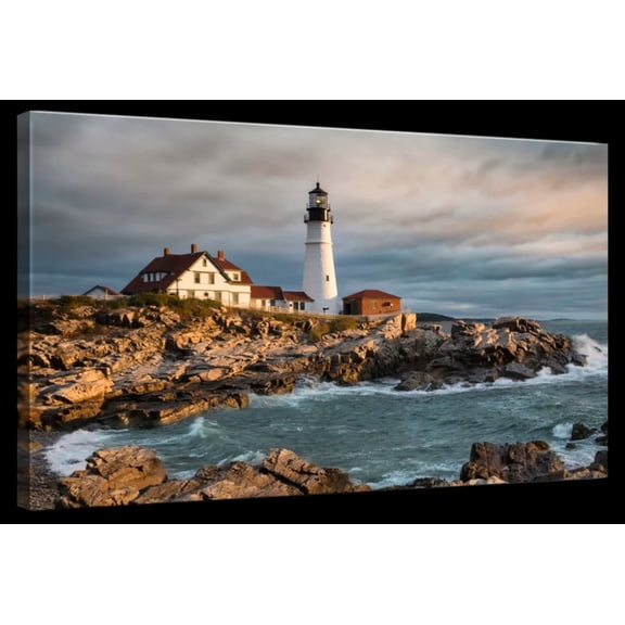 Elephant Stock Portland Head Lighthouse In Maine At Sunrise Wall Art - Horizontal Canvas Wall Art - Living Room Wall Decor - Nautical Canvas - Blue And Beige Decor By Scott Stulberg - 48" x 32"