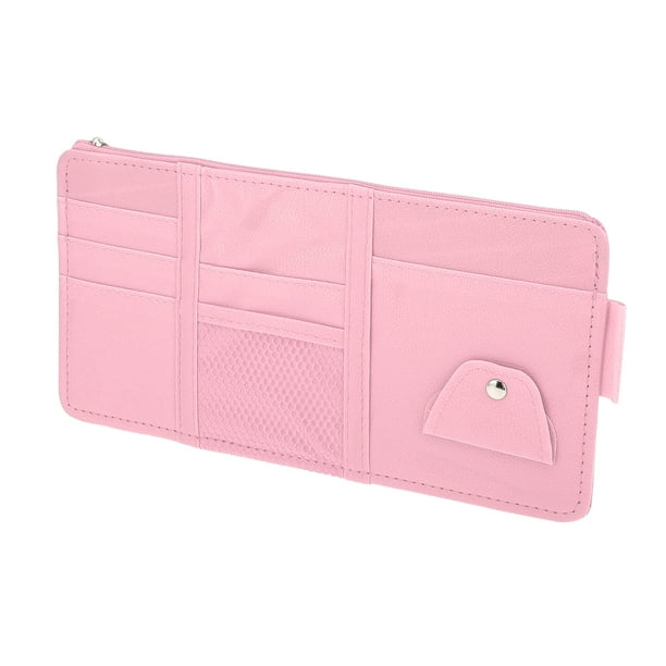 Organizador de Visera de Auto, Bolsa de Almacenamiento para Visera con Cremallera y Ranura Elástica con Soporte para Gafas de Sol para Tarjetas, Licencia, Organizador de Bolígrafos de Cuero PU Rosa