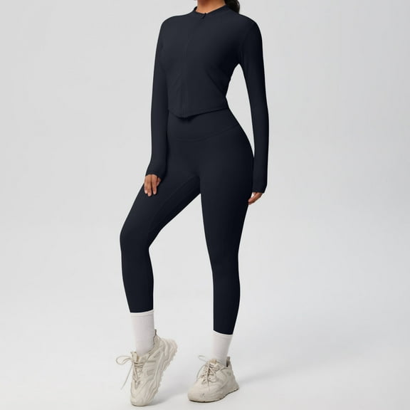gbyLJF Women's Fitness Sports Set Zip Up Tops Jacket High Waisted Tightens Trousers Solid Color Yoga and Running Clother 2 Piece Set