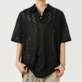 thumbnail image 2 of Fashion YLSDY Men Hollow Out Knit Crochet Shirt Summer Short Sleeve Lapel Collar Button Down T Shirts Hawaiian Beach Vacation Top Black L, 2 of 4
