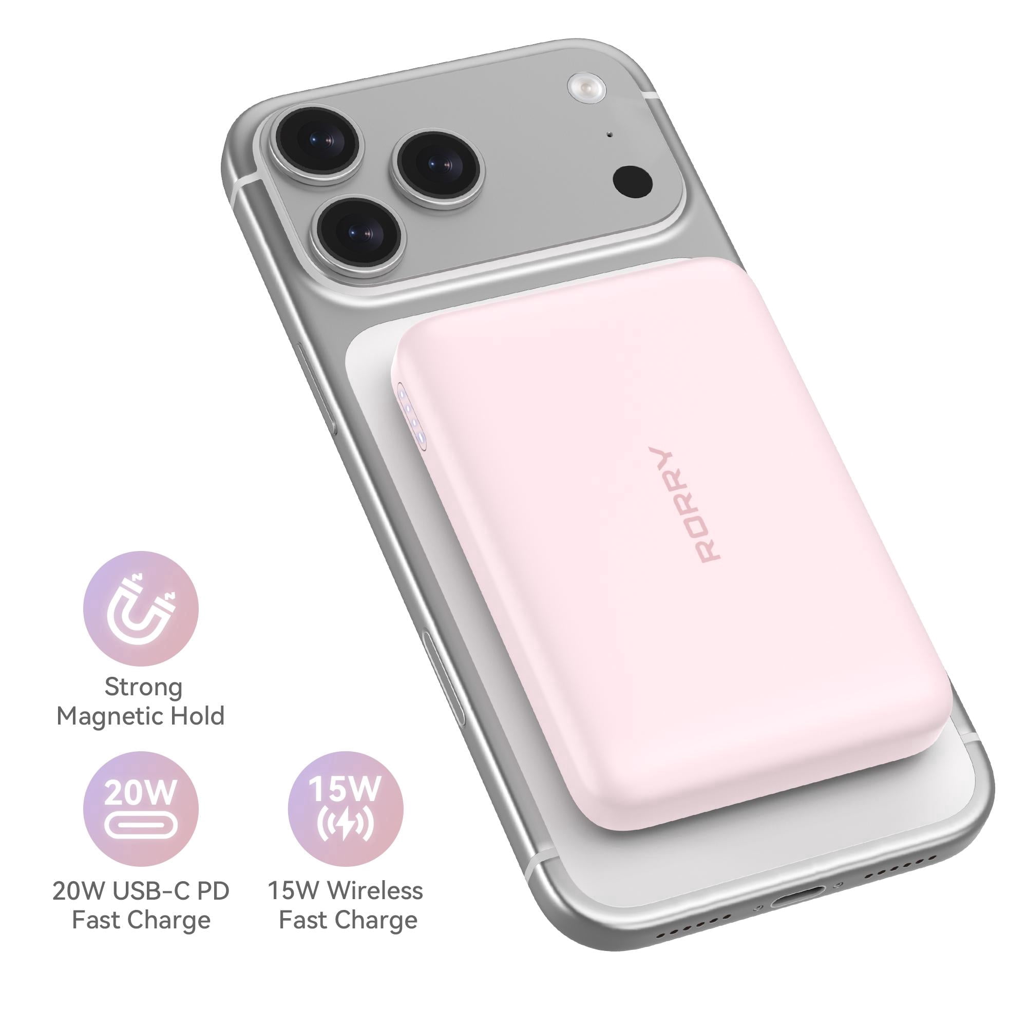 RORRY Magnetic Wireless Protable Charger ,5000mah Power Bank 20W Fast Charging , Portable Battery Pack compatible for iPhone 17/16, Apple Watch Charger, Airpod, Pink