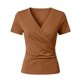 thumbnail image 6 of Karymi Blouses for Women Solid Wrap Cross V Neck Ruched Short Sleeve T-Shirt, Slim Fitted Twisted Surplice Pullover Top, Stretch Casual Tee Cute Tops for Women, 6 of 6