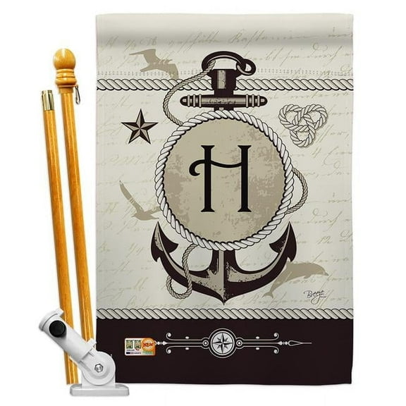Breeze Decor BD-NA-HS-130190-IP-BO-D-US14-BD 28 x 40 in. Nautical H Initial Coastal Impressions Decorative Vertical Double Sided House Flag Set & Pole Bracket Hardware