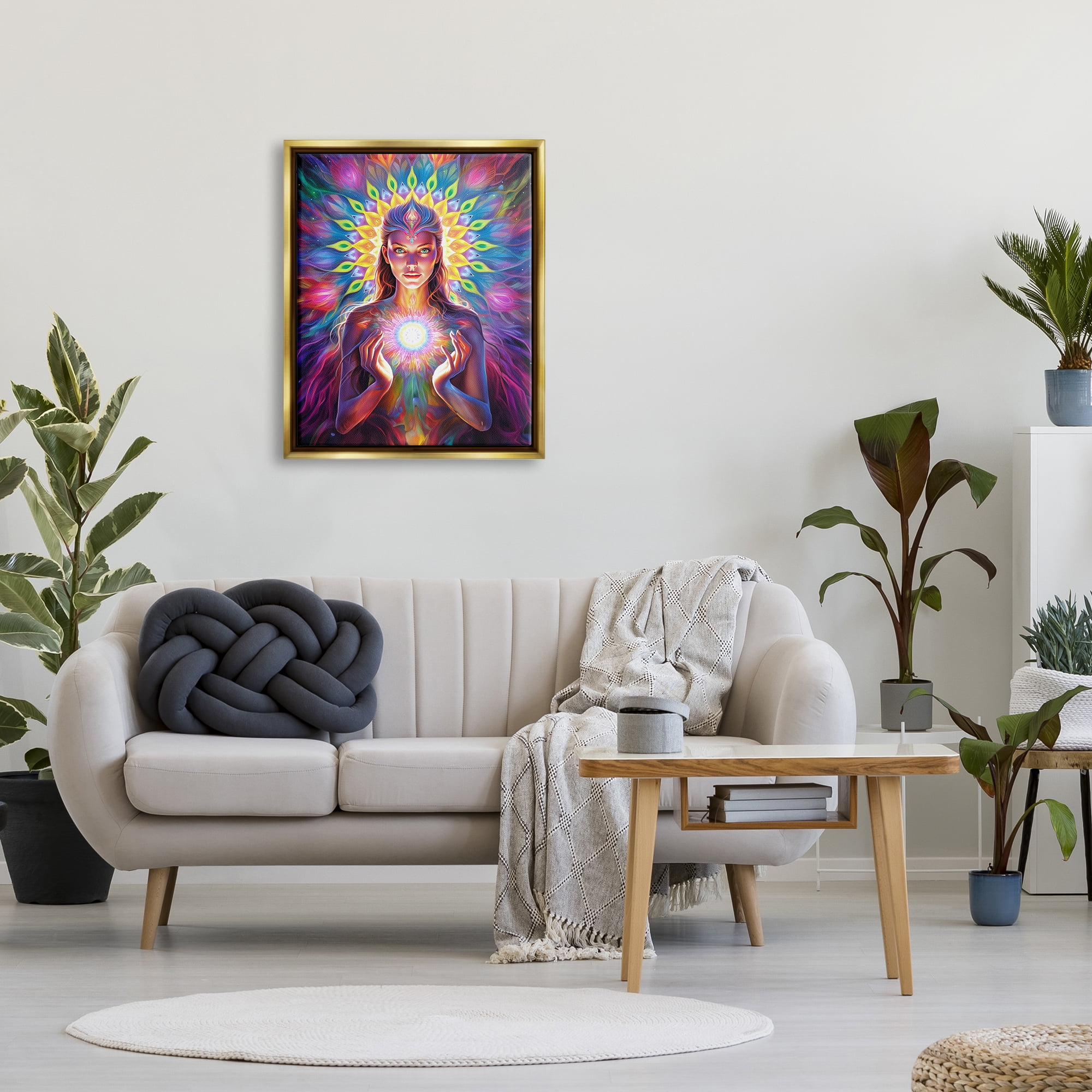 Stupell Industries Girl with Abstract Fractals Abstract Painting Gold Floater Framed Canvas Art Print Wall Art, 25 x 31