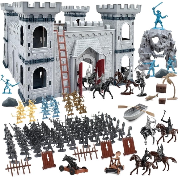 Plustopoy DIY Medieval Castle Playset, 250 Pcs DIY Castle Building Playset with Knights & Horses, Army Men Action Figures Toys for Boys