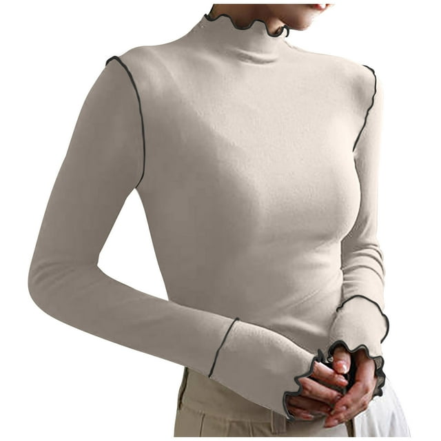 FAIWAD Hauts Basiques à Col Roulé pour Femmes Manches Longues Couleur Unie Léger Chandail Court