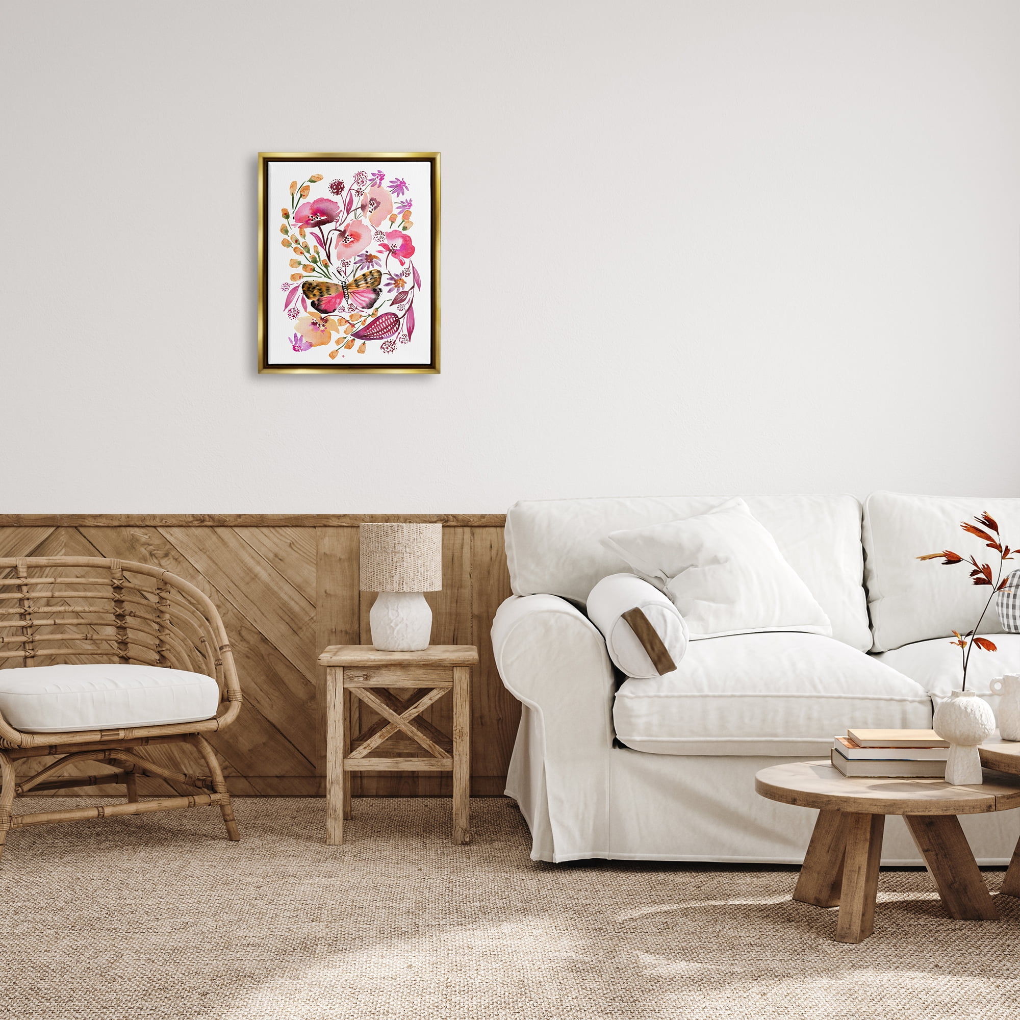 Stupell Industries Abstract Pink Botanicals Botanical & Floral Painting Gold Floater Framed Canvas Art Print Wall Art, 17 x 21