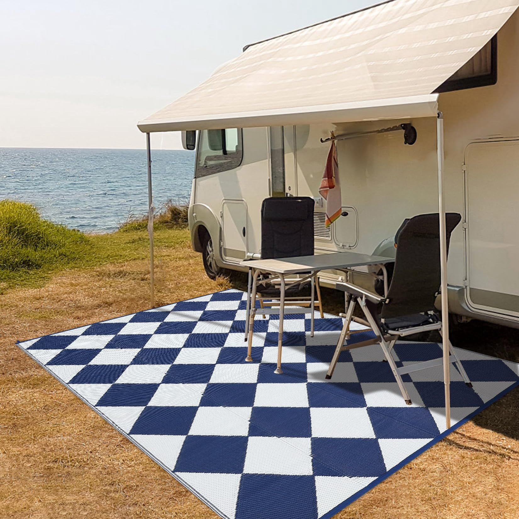 Volkmi Outdoor Rug–Waterproof Reversible Plastic Straw Patio Mat, Modern Geometric & Checkered, Easy Clean, Collapsible with Carry Bag, Navy/White, for Camping, Beach – 9*12ft