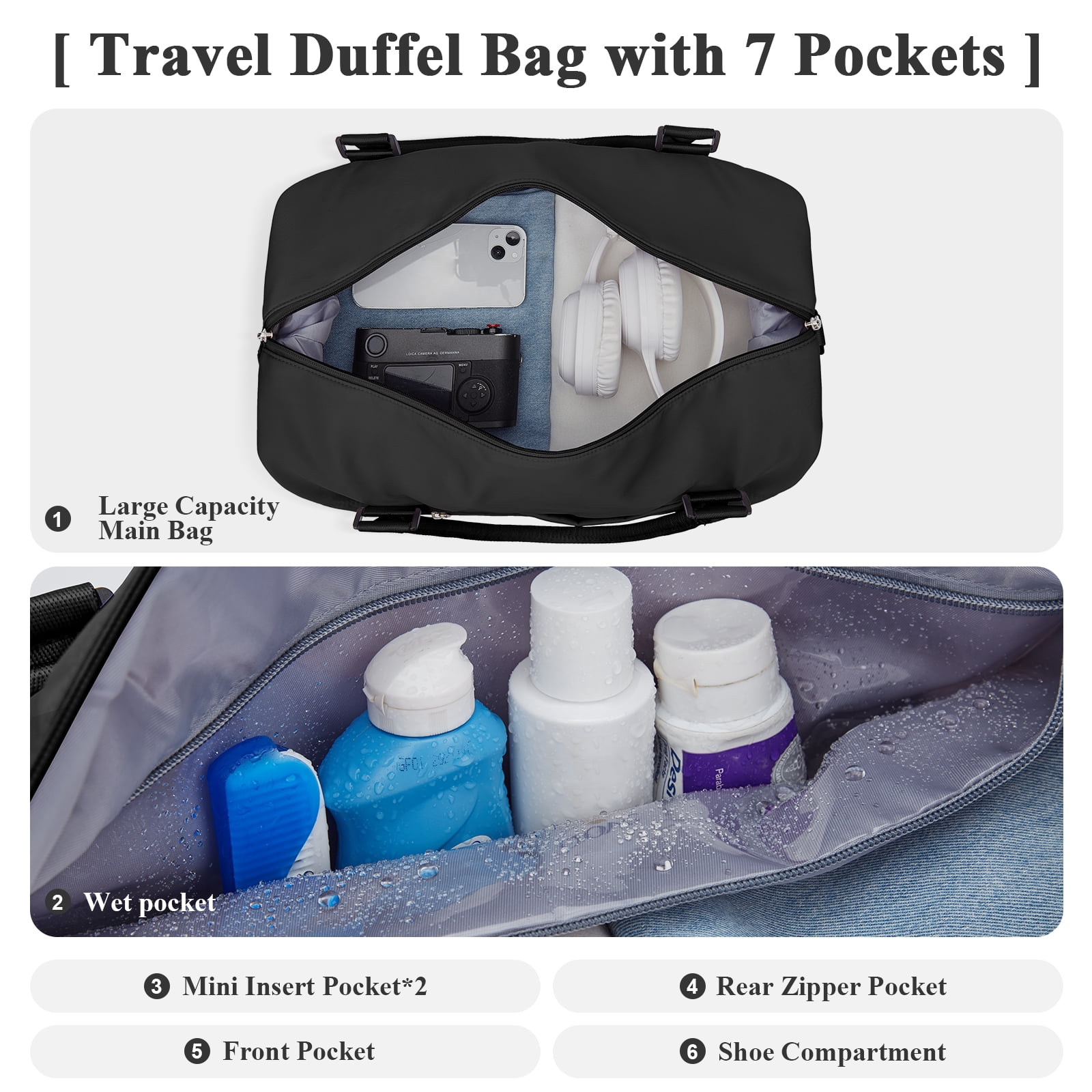 Weekender Bags for Women, Travel Duffel Bags with Shoe Compartment, Personal Item Travel Bag for Airlines, Carry on Overnight Tote Bag for women, Black