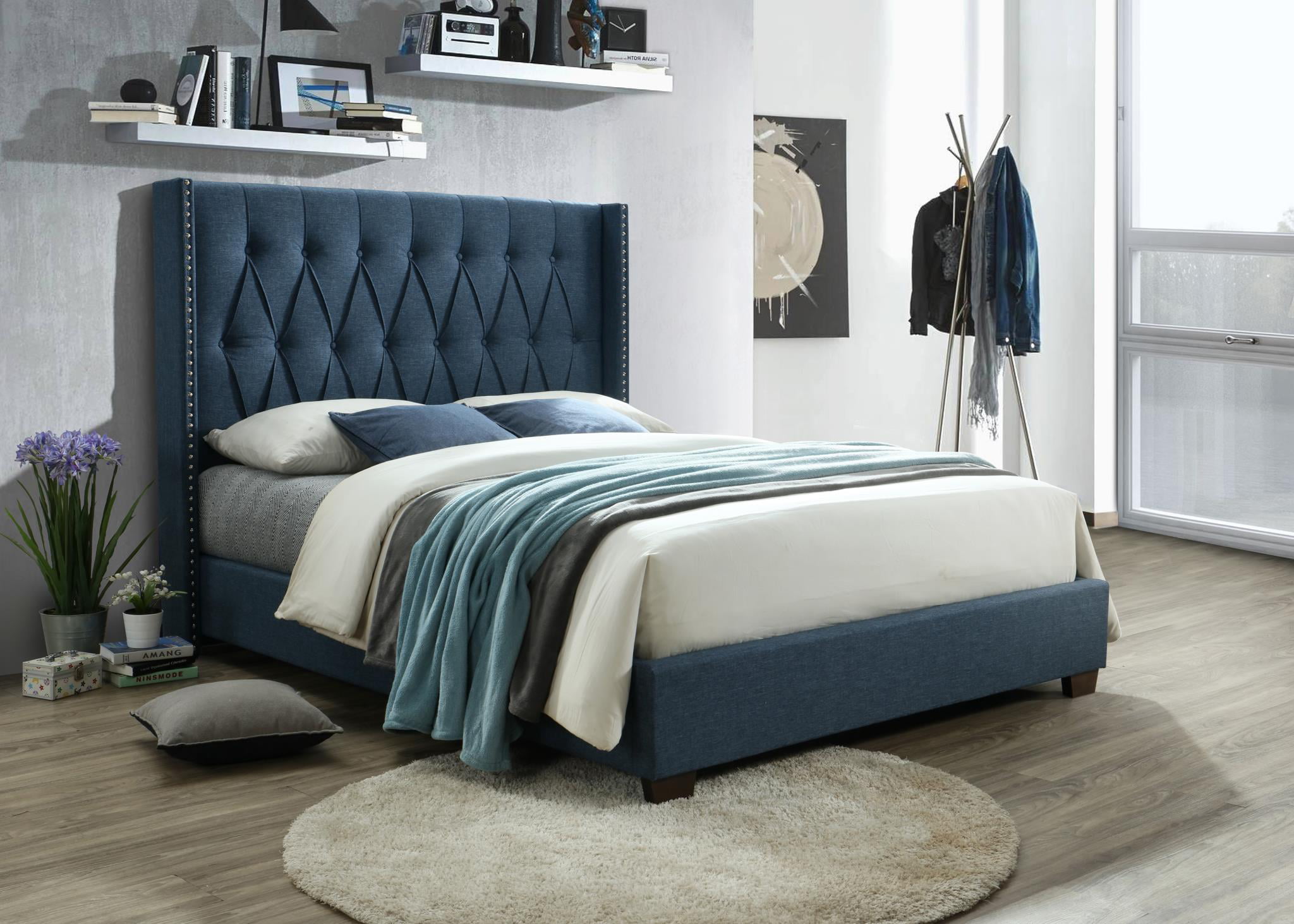 Modern Beautiful Blue Upholstered 1Pc Queen Size Bed High Headboard