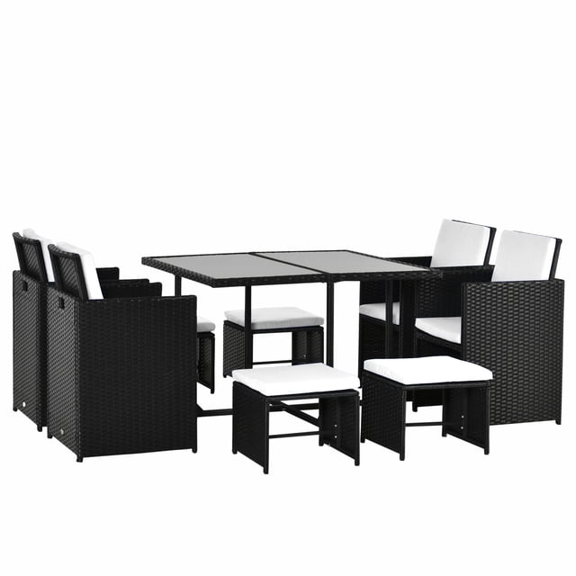 Outsunny 9 Pieces Wicker Patio Dining Set Outdoor Furniture Set with Removable Cushions, Glass Top Dining Table, Ottomans, PE Rattan Conversation Set for Garden Poolside, Cream