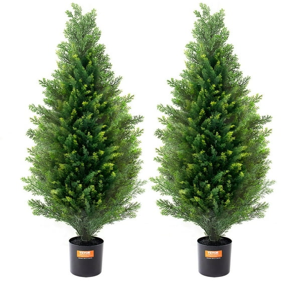 FITHOOD 2 Pack 3' Artificial Cedar Topiary Tree Faux Plant UV Decor In/Outdoor