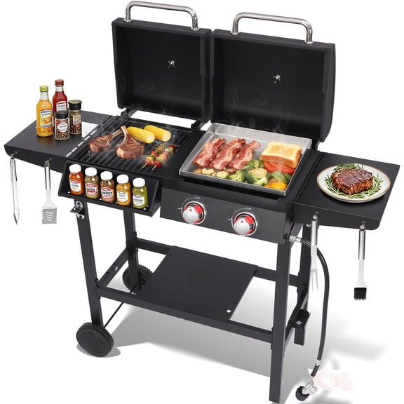 2-Burner Propane and Charcoal Grill Combo, BBQ Grill with Cast Iron Grates, Removable Stainless Steel Griddle Plate