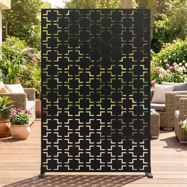 Decorative Metal Divider – 183x120cm Freestanding Privacy Screen – Rust-Resistant & Modern Geometric – Patio, Balcony, Backyard & Pool – Black