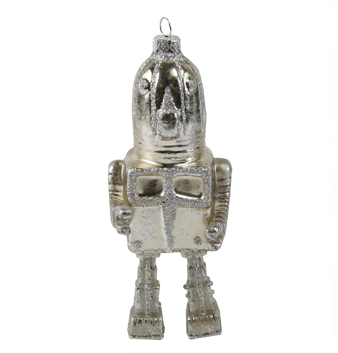 5-Inch Silver and Green Robot Hanging Glass Christmas Ornament 