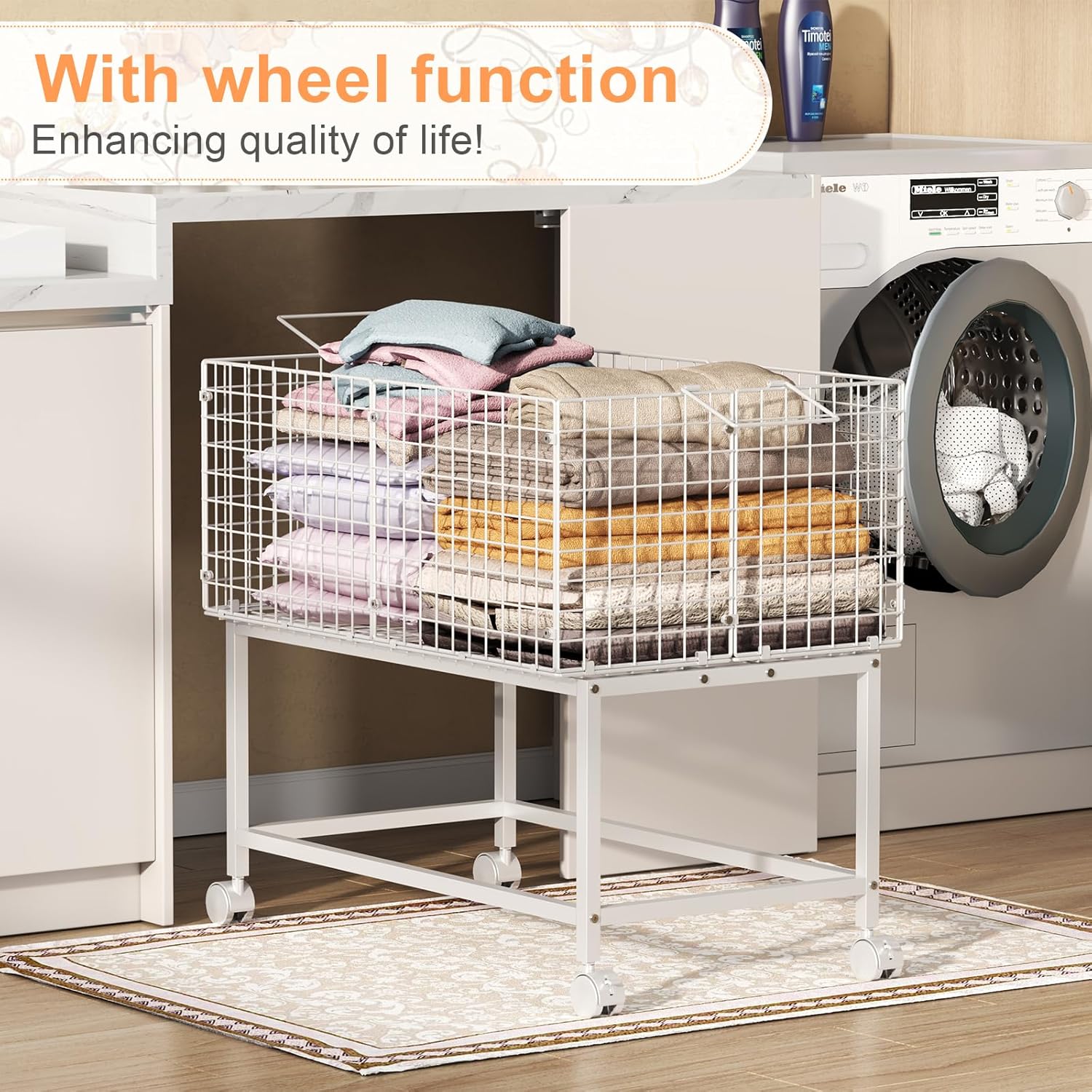 Wire Laundry Hamper Cart,80L Laundry Hamper Trolley with Pull Handle,White High Laundry Basket Cart for Laundry Room,Bathroom,Bedroom-White（23.6 * 15.75 * 28inch）