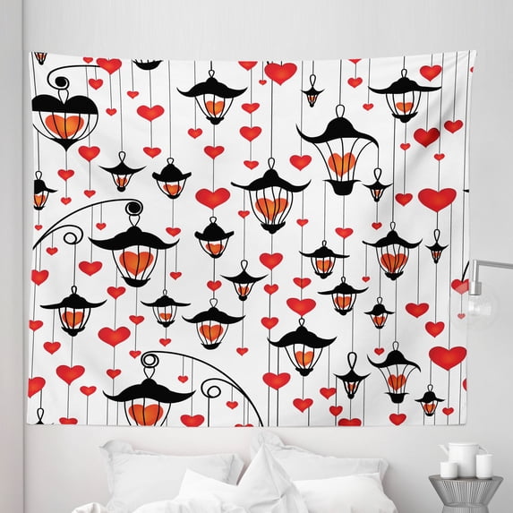 Valentines Tapestry, Lanterns and Heart for Valentine's Day Small Lamp Classic Antique, Fabric Wall Hanging Decor for Bedroom Living Room Dorm, 5 Sizes, Vermilion Scarlet, by Ambesonne