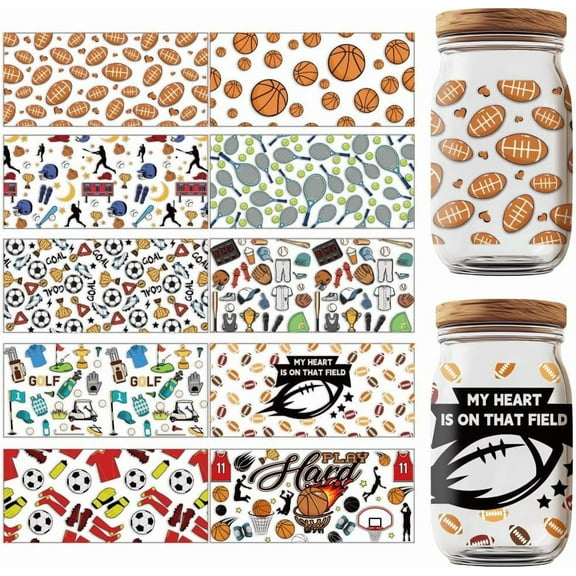 10 Sheets 10 Style UV DTF Cup Wrap Stickers Sports Balls Transfer Stickers Decals Personalized Waterproof Rub on Transfers for 16oz Glass Cups Furniture DIY Crafts 1 Set