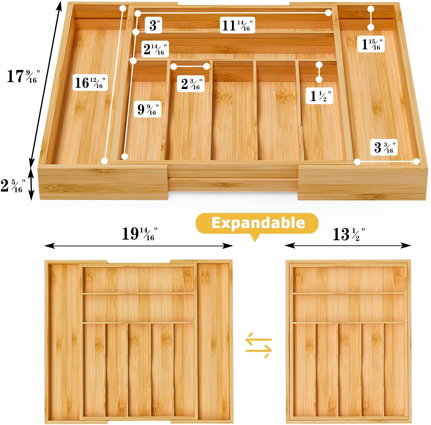 Utensil Organizer Silverware Drawer Organizer - Bamboo Expandable Cutlery Tray with Dividers for Utensil Holder Office Storage Makeup Desk Drawer Tool OrganizationExpandable,  with Dividers,