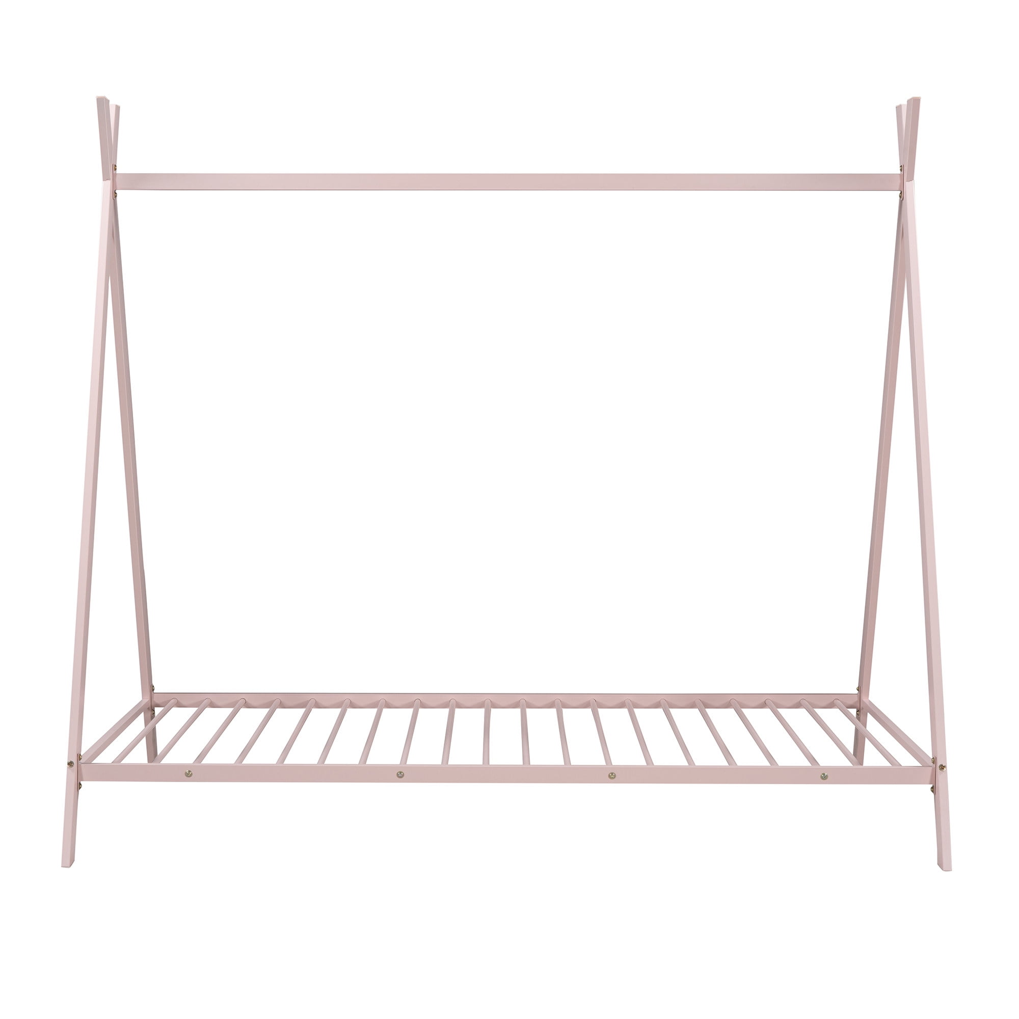 Gewnee Twin Size Metal Tent Bed Floor House Bed with with x-Shaped Frame for Kids,Pink