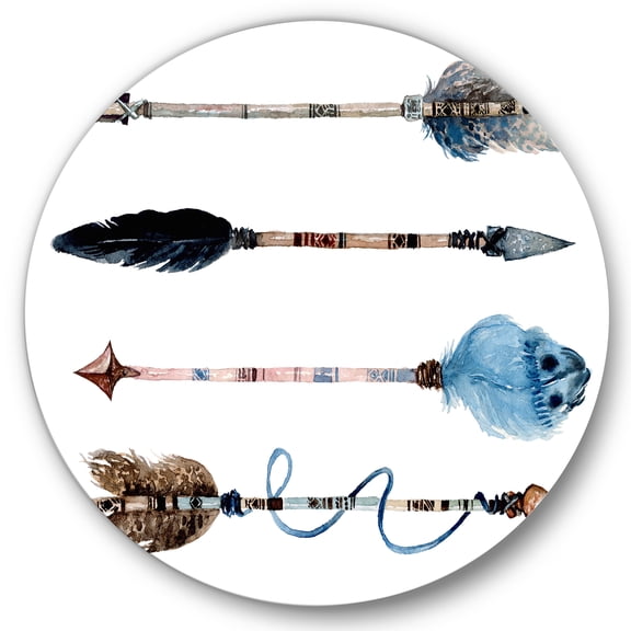 Designart 'Flowers and Ethnic Feathers On Native Arrows IV' Bohemian & Eclectic Circle Metal Wall Art 36x36 - Disc of 36