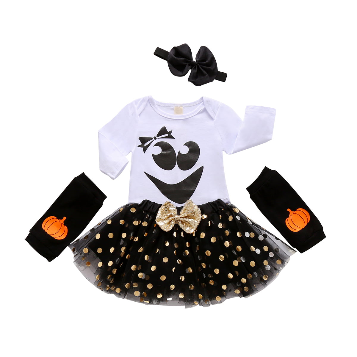 Newborn Baby Girls 4pcs Halloween Outfit Romper Dress Headband Legging Shoes 4pcs Tutu Set