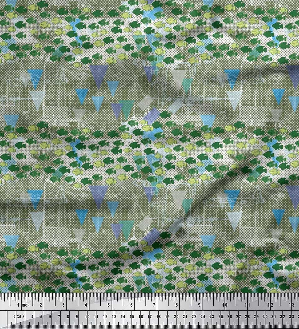 Soimoi Japan Crepe Satin Fabric Triangle & Fish Ocean Print Fabric by ...