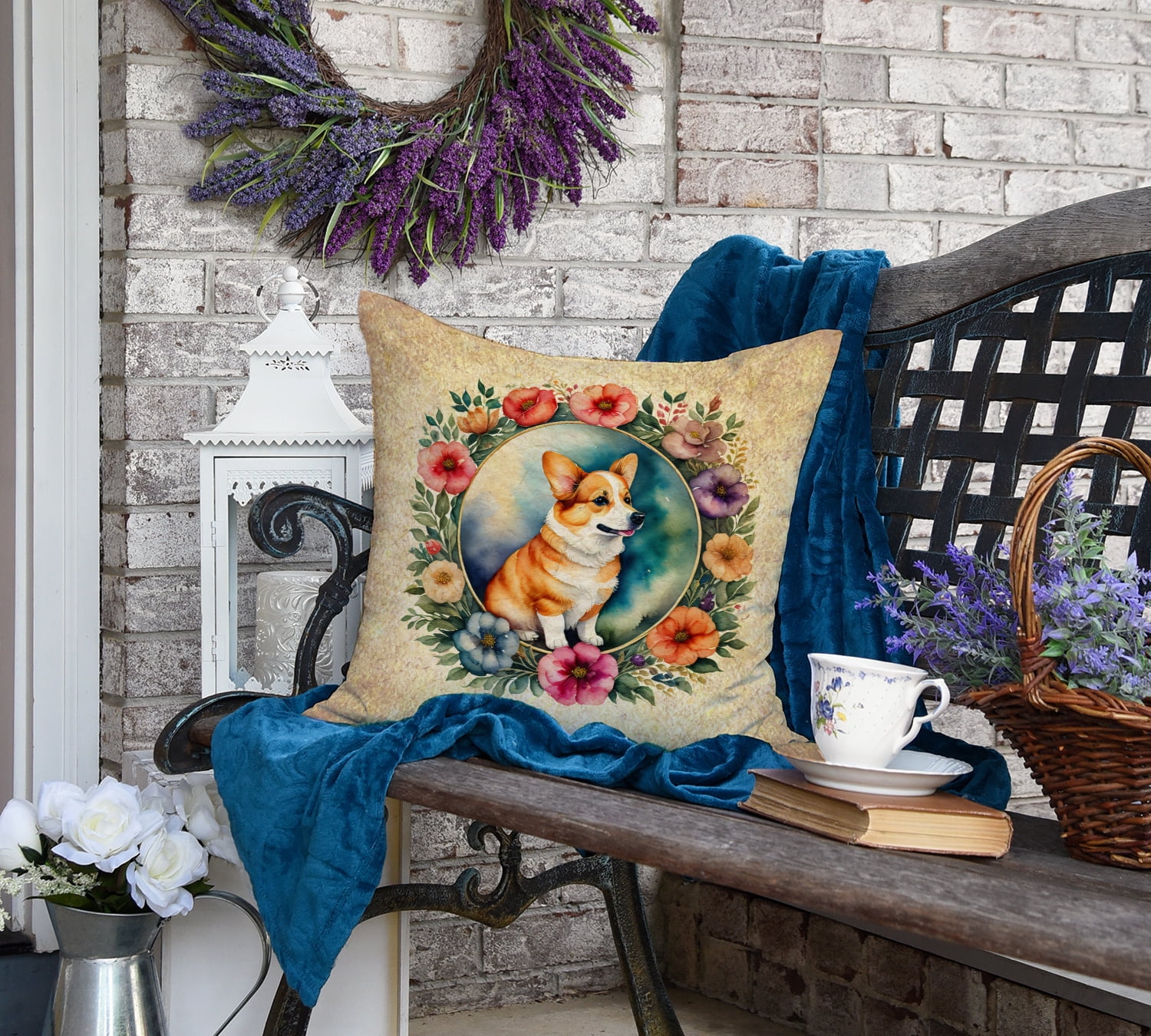 Corgi and Flowers Fabric Decorative Pillow 18 in x 18 in