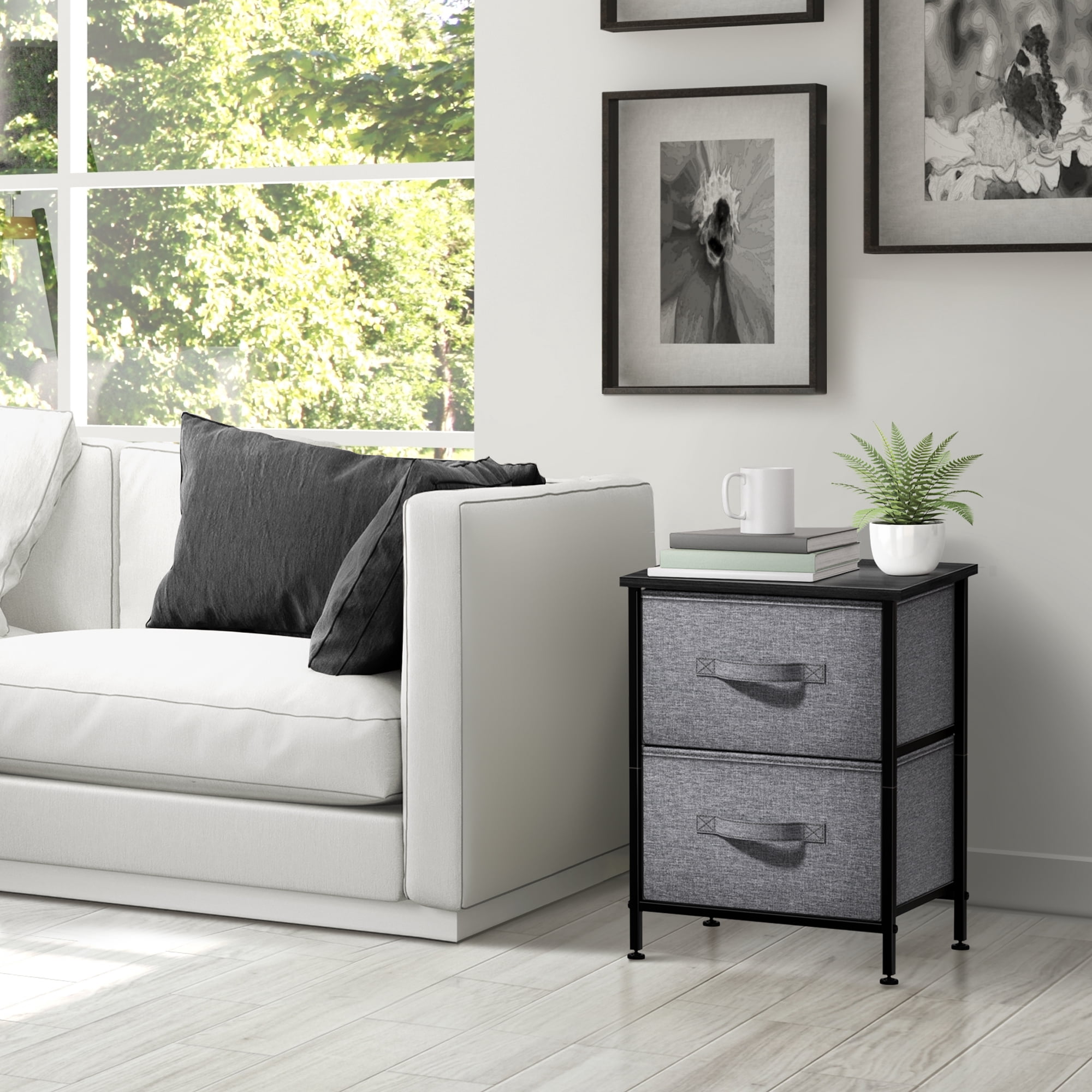 Sorbus Nightstand with 2 Drawers, Steel Frame, Wood Top, Fabric Bins, Black