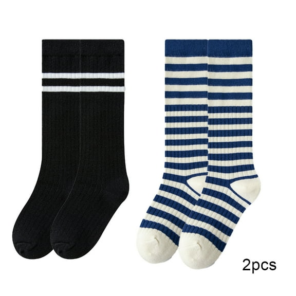 LYMAYTER Girls Cotton High Socks 2 Pairs for Kids Toddler Streaks Mid-Calf Sock Spring Fall Winter Casual Stacked Socks for 3-12 Years