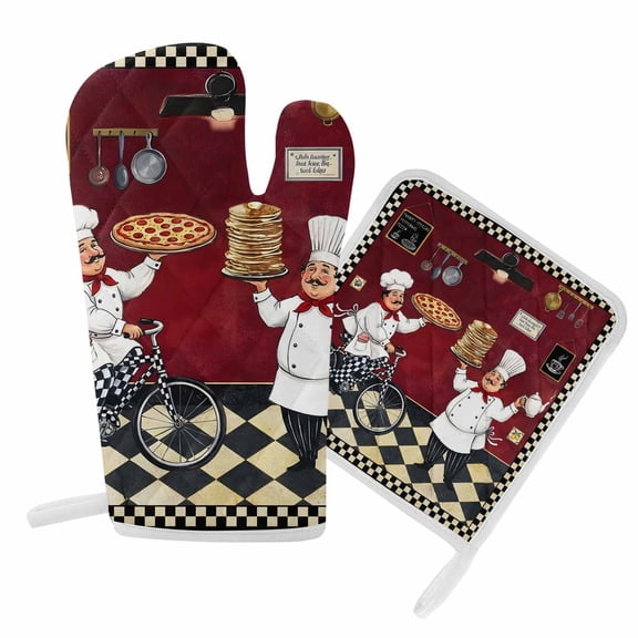 Oven Mitts and Pot Holder Set for Kitchen, Funny Chef Kitchen Oven Gloves Heat Resistance Non-Slip Surface Potholders Cozy Kitchen Pizza Buffalo Plaid Hot Pads Sets for Cooking Baking Grilling BBQ