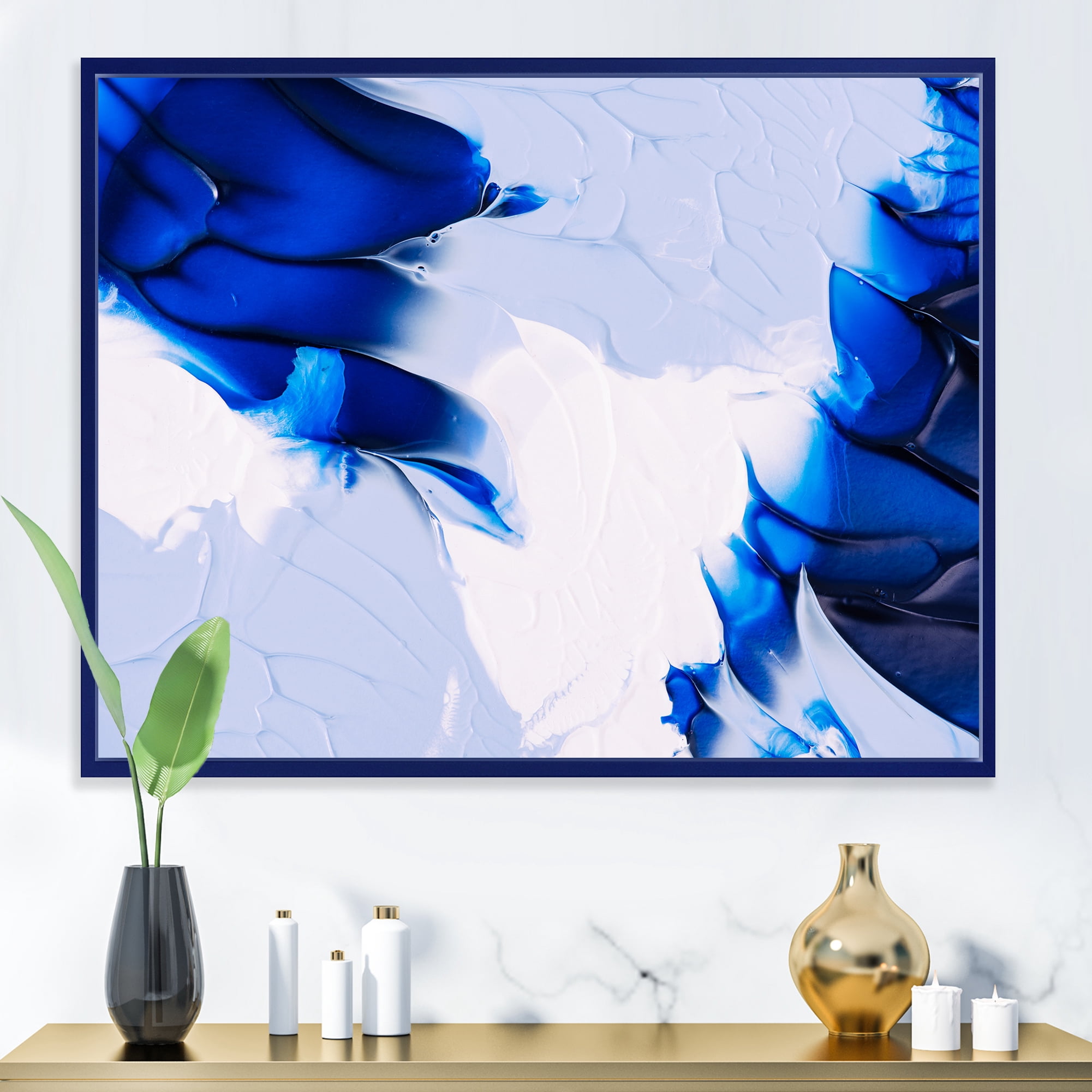 Designart 'Abstract White and Blue Grey Waves' Modern Framed Canvas Wall Art Print