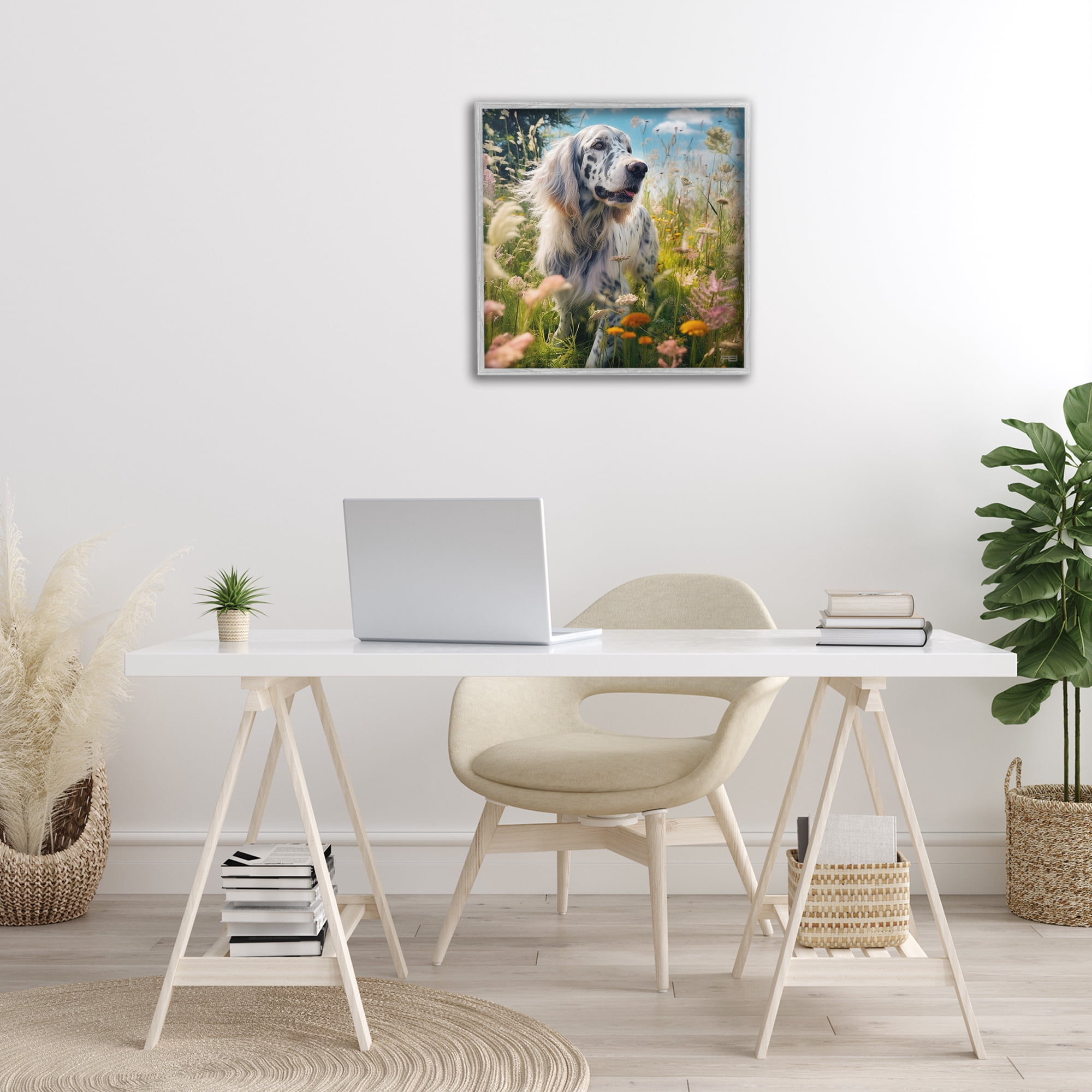 Stupell Industries Happy Dog Among Flowers Landscape Painting Gray Framed Art Print Wall Art, 24 x 24