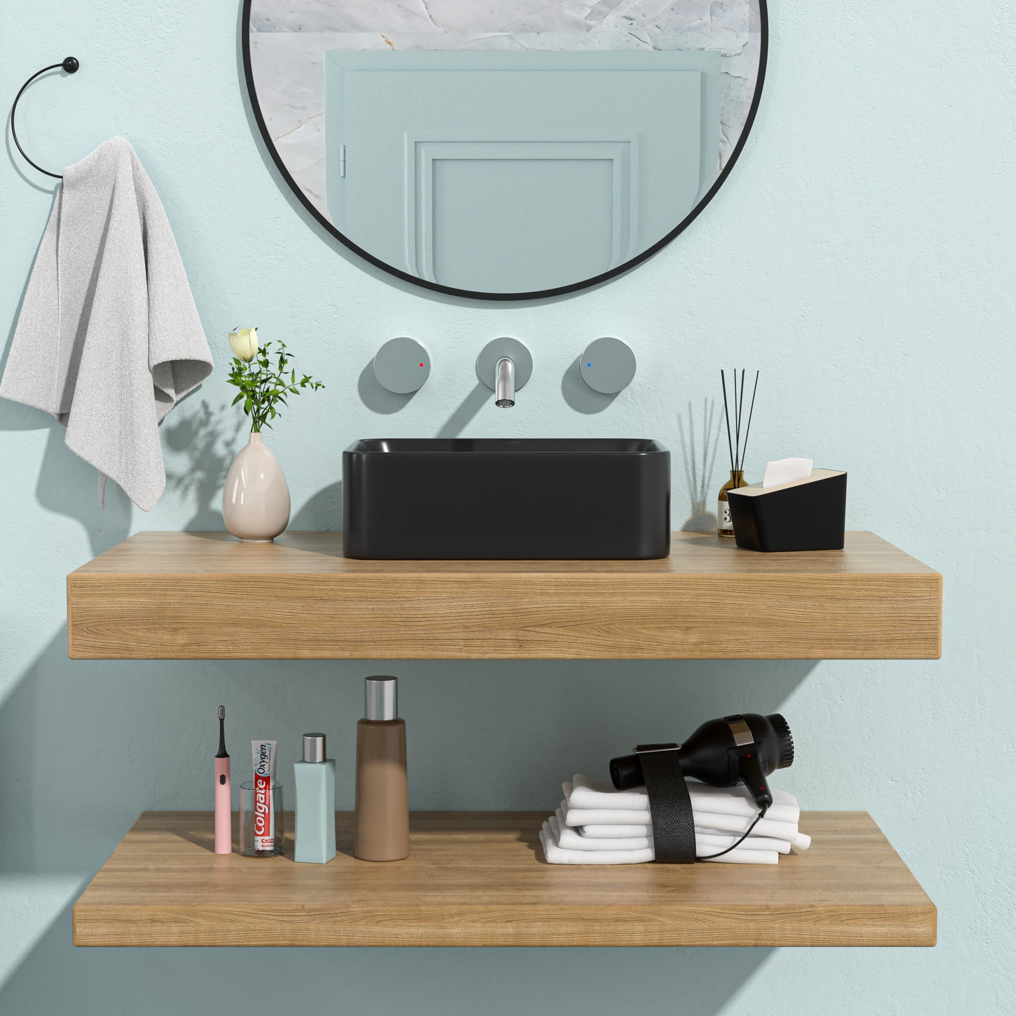 16"×12"×5.5"  Black Ceramic Rectangular Countertop Bathroom Sink