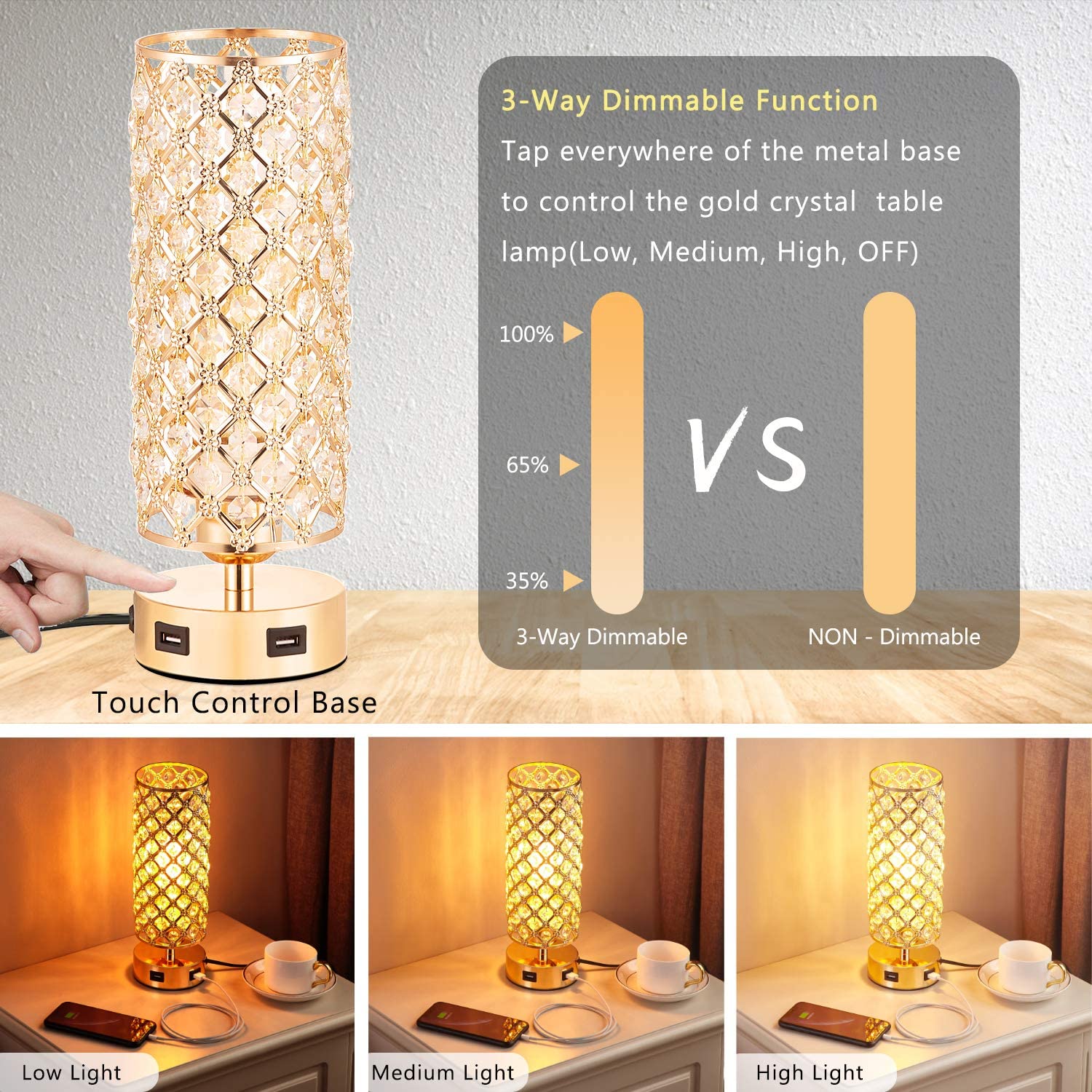 Touch Control USB Crystal Small Lamp, Dimmable Nightstand Lamp with Dual USB Port, 3-Way Gold Crystal Lamp with Bulb, Bedside Desk Light for Bedroom Living Room Entryway Home Office(Bulb Included) - image 3 of 7
