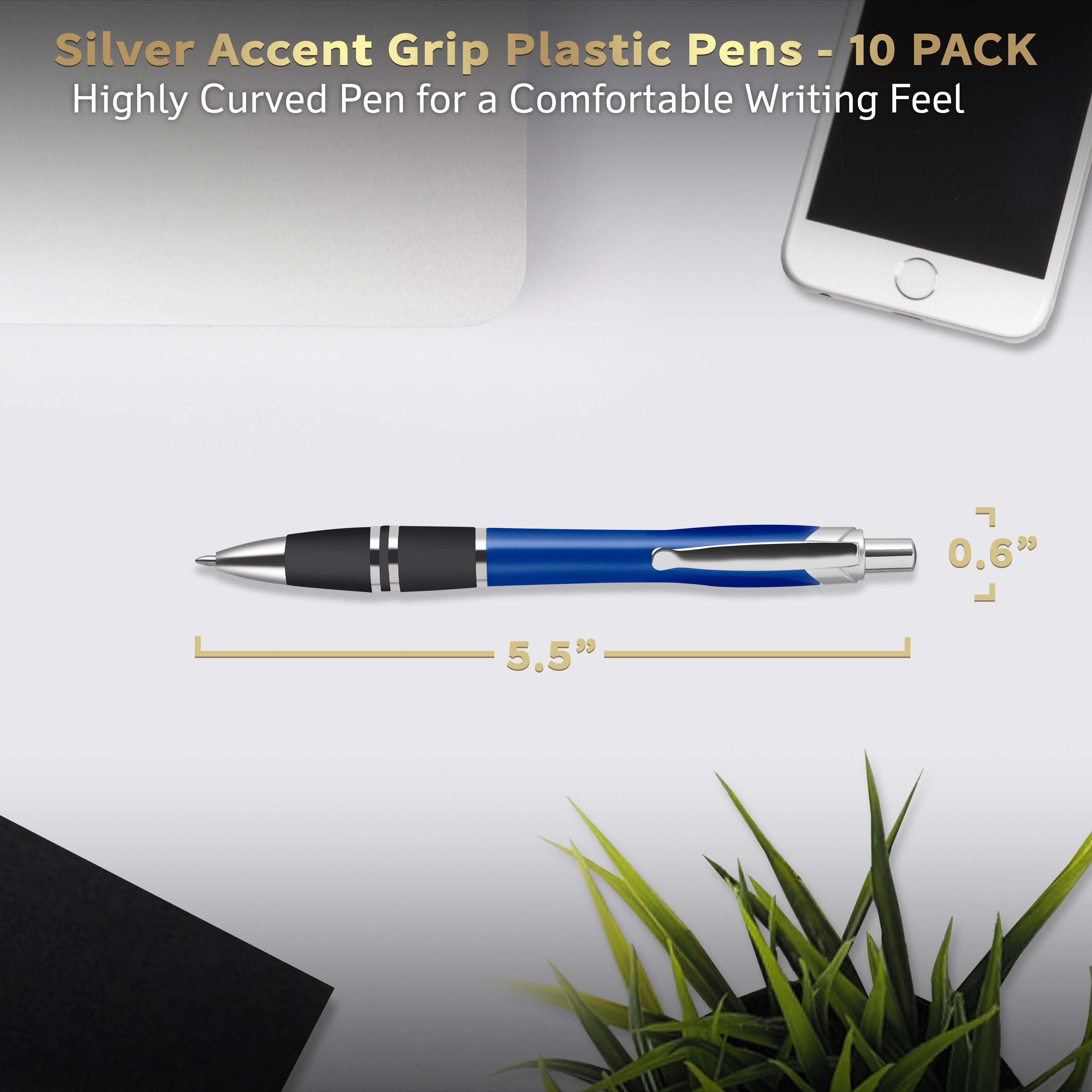 10 Silver Accent Grip Plastic Pens Pack - Click action, Rubber Grip - Blue