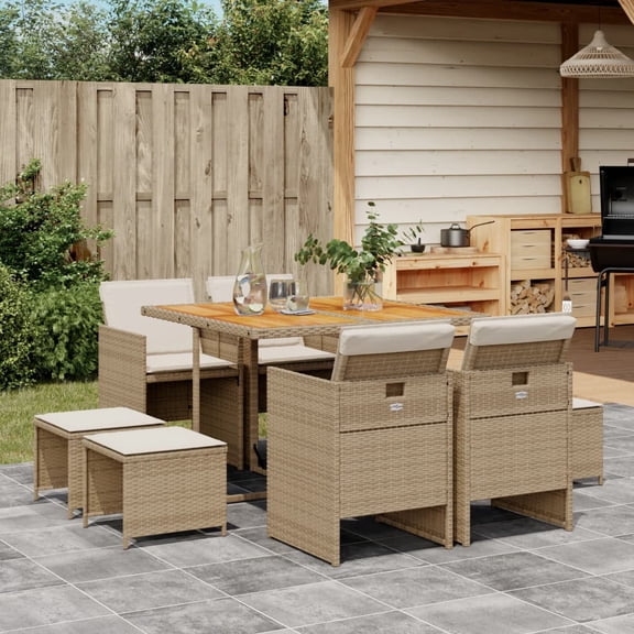 vidaXL 9 Piece Patio Dining Set with Cushions Beige Poly Rattan