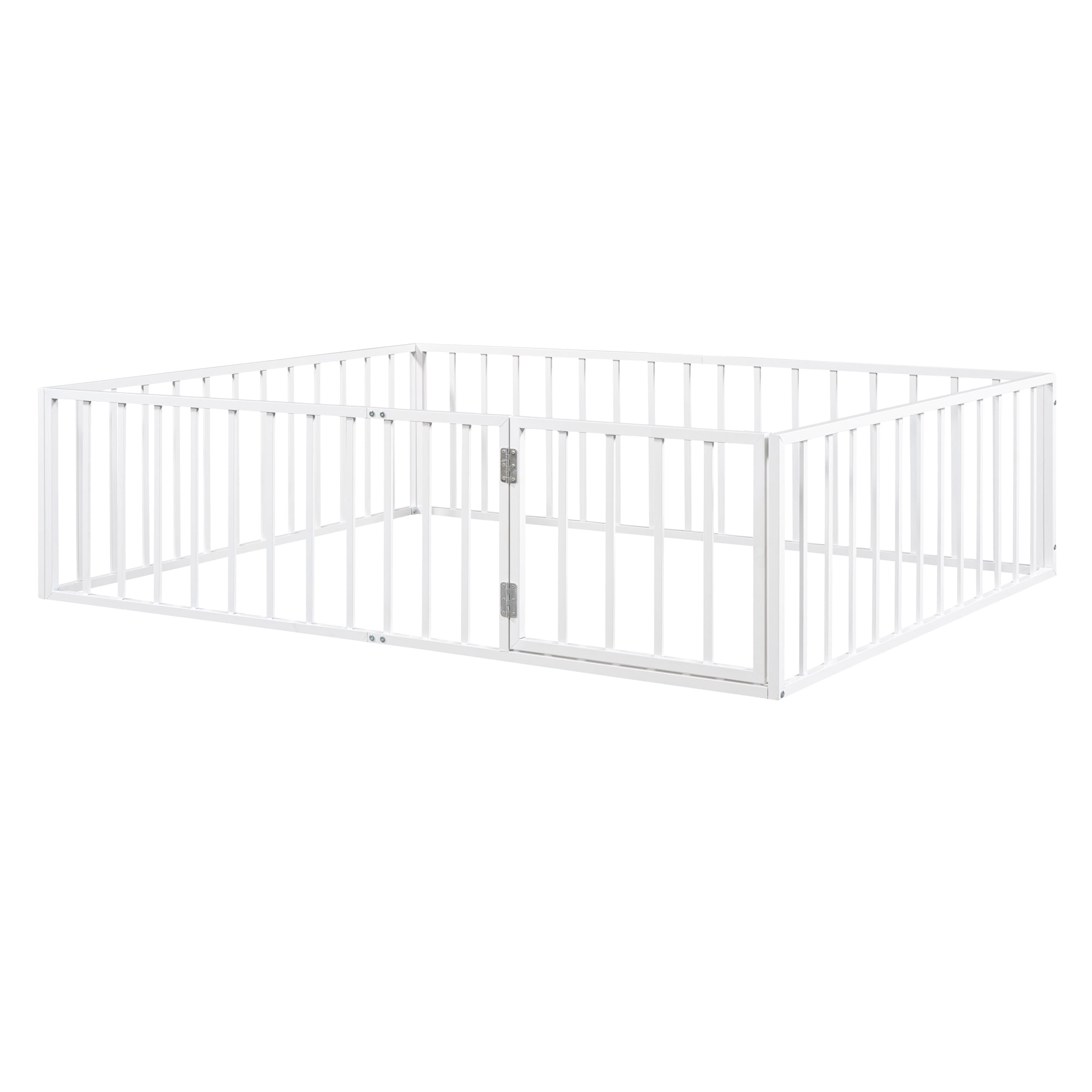 Gewnee Queen Size Toddler Bed, Metal Floor Bed Frame with Fence and Door,White