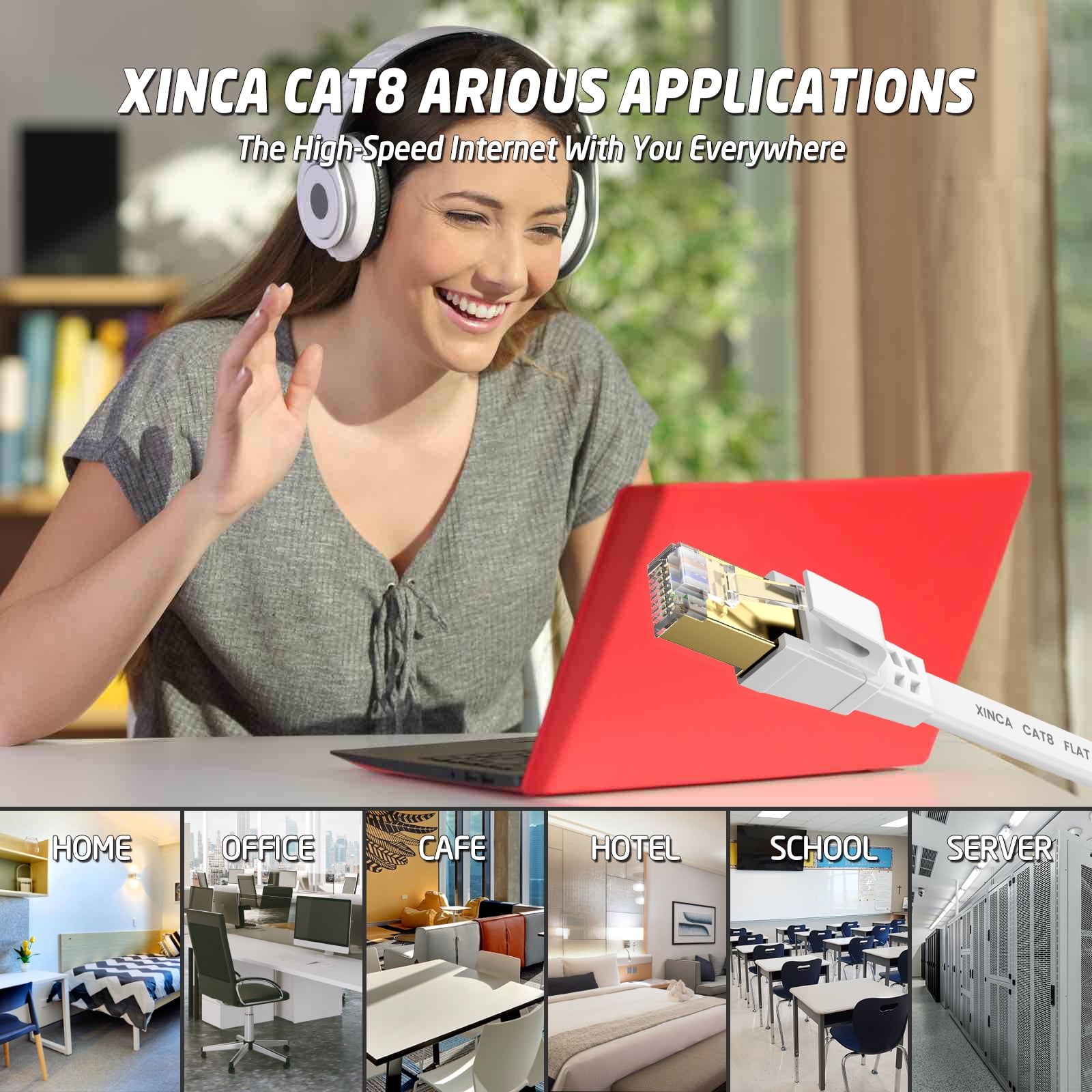 XINCA Cat8 Ethernet Cable lnternet Network Flat Patch Cord 15ft White with 10 Clips Rj45 Connectors transfer speed40 Gbps 2000MHz Connector for modems routers Computers Cable high Speed Cable Distri
